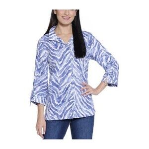 John Mark Blue Zebra Print Embroidered Linen Blend Buttonup Shirt Womens 1X NWT